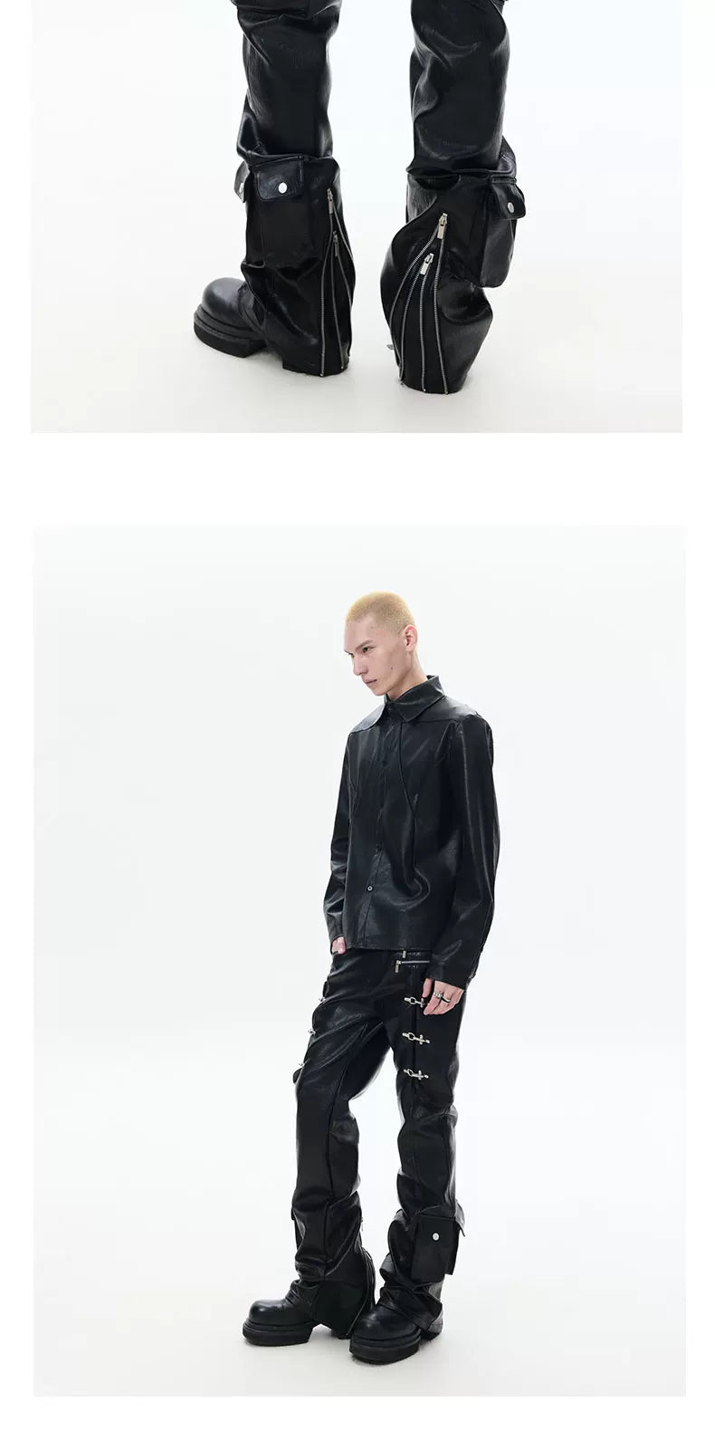 Zippered Flared Leather Casual Pants