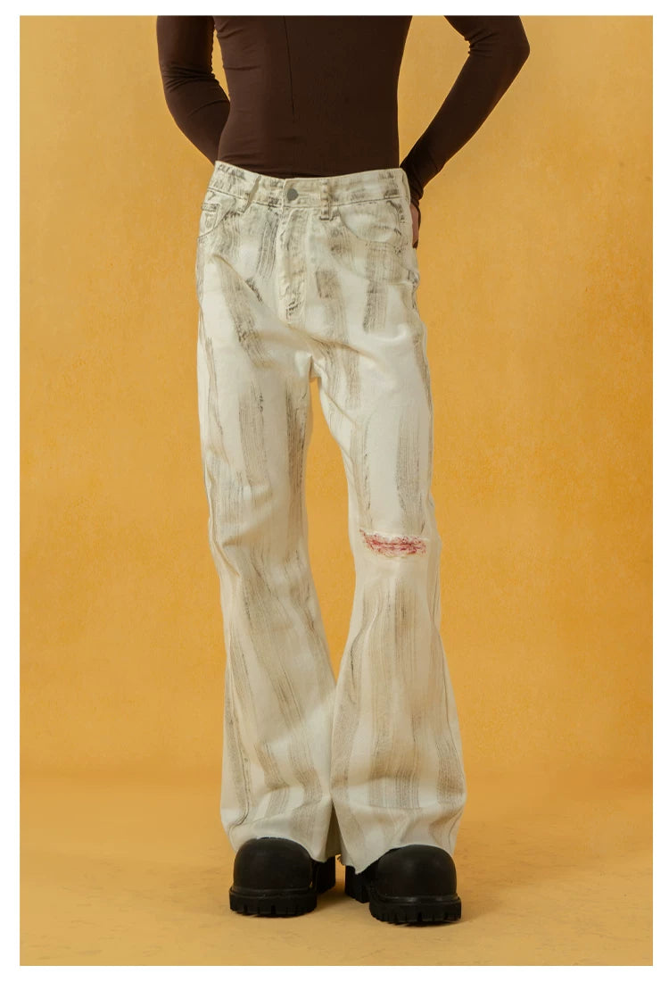 Men's Vintage White Sickle-Print Flare Jeans
