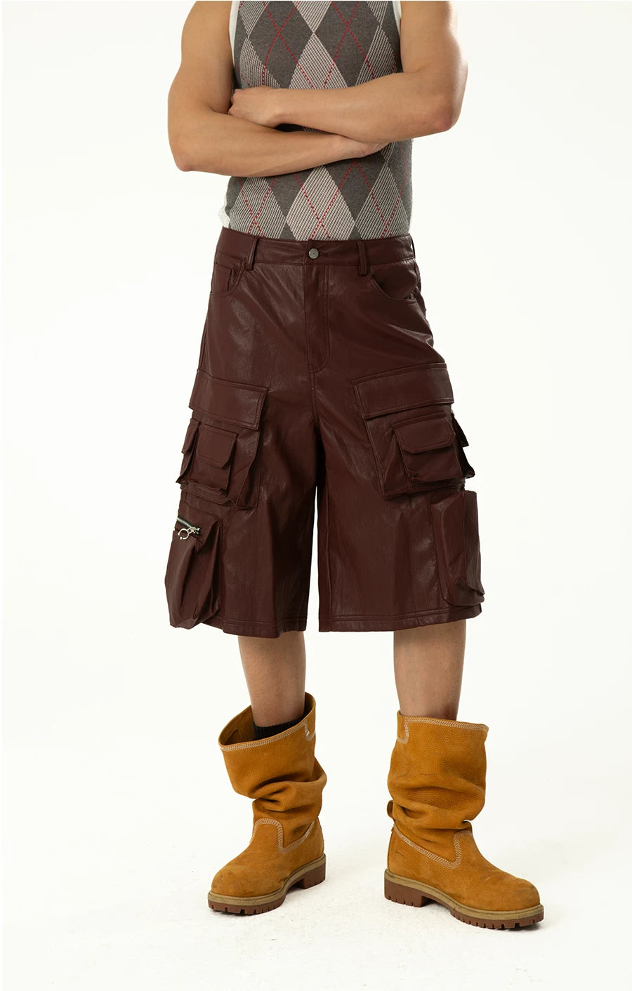 Men's Black Red PU Cargo Shorts