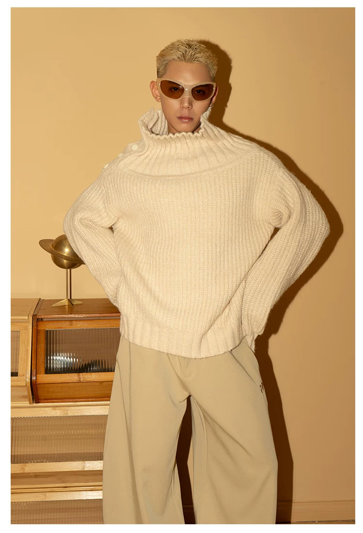 Men's Apricot Wool Side-buttoned Turtleneck Sweater