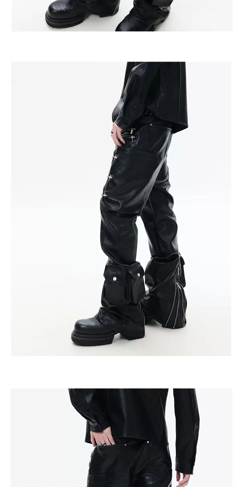 Zippered Flared Leather Casual Pants