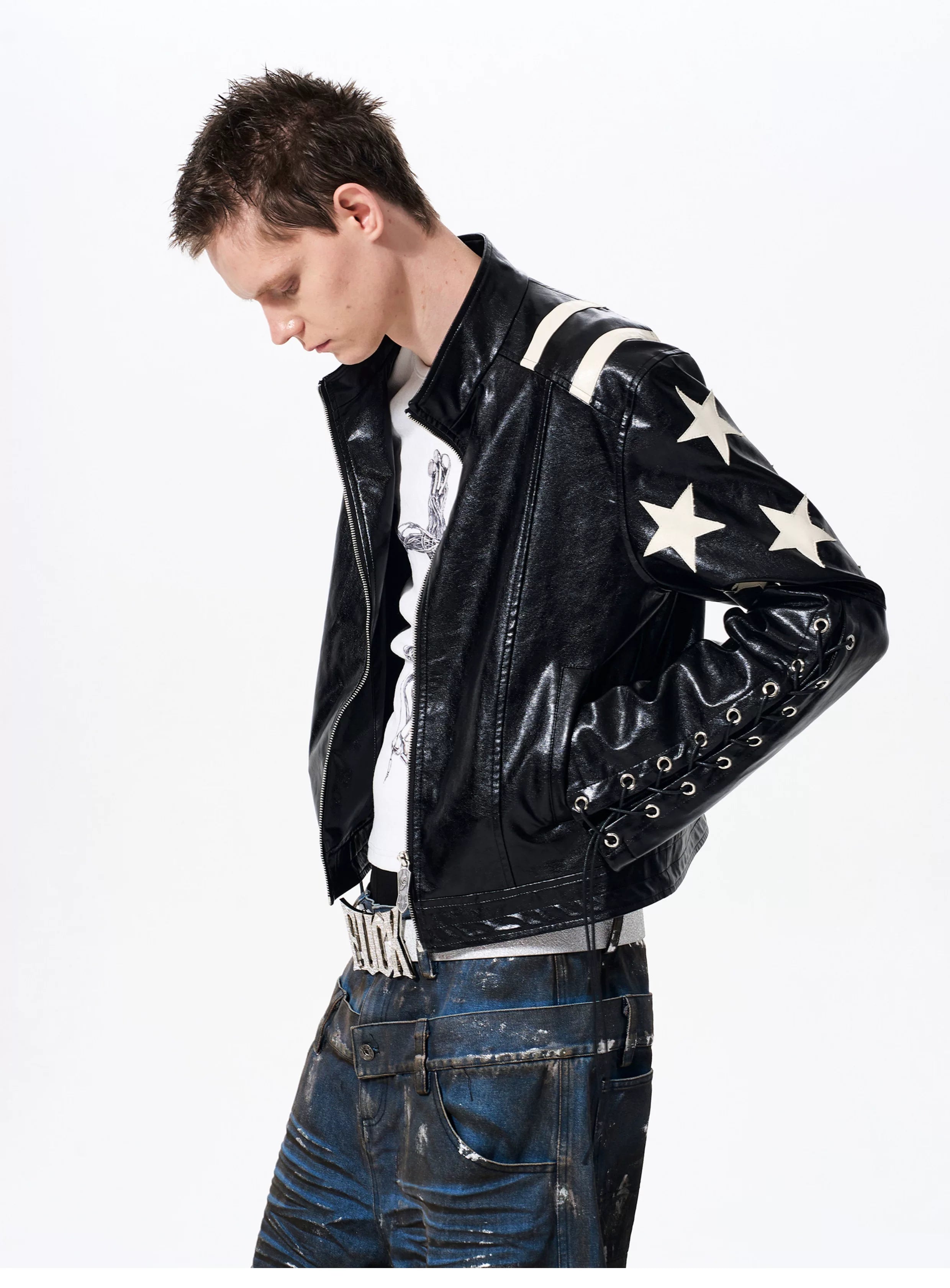 Men's Cropped Star Leather Biker Jacket