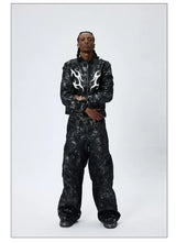 American Printed Pleated Leather Biker Jacket