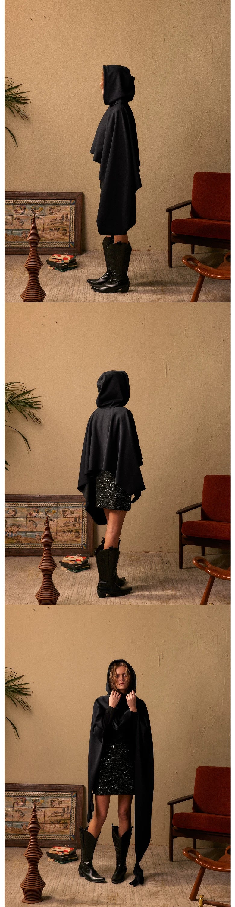 Dark Bat-Sleeve Hooded Cloak Coat