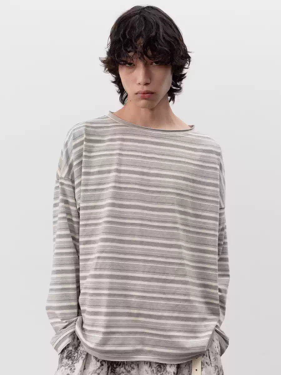 Striped Roll Cuff Drop Shoulder Top