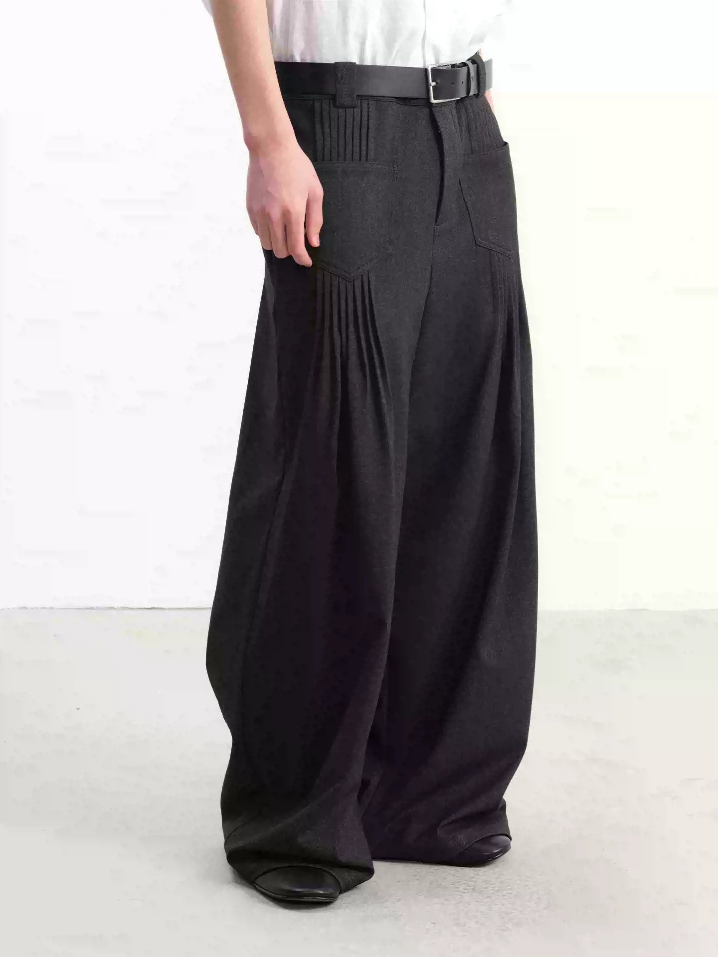 Pleated Twill Wide Leg Casual Pants