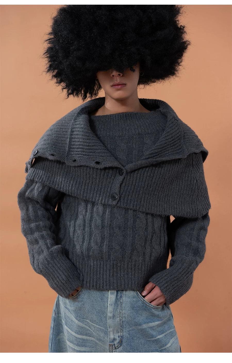 Unisex Detachable Grey Knit Cardigan Scarf