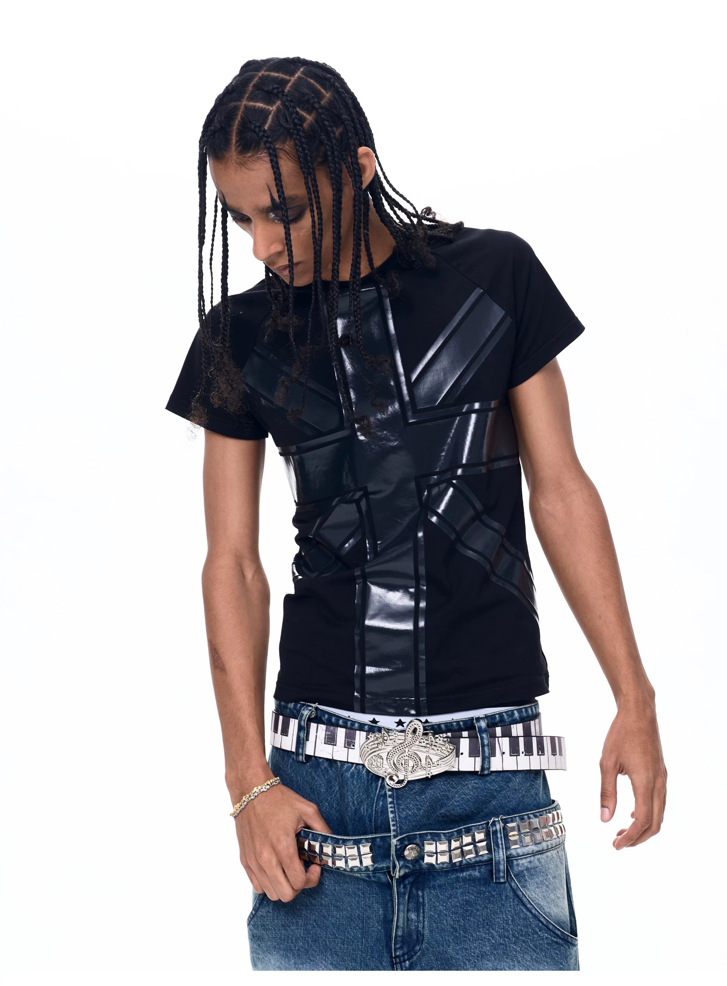 Black Printed Cross Crew Neck Tees