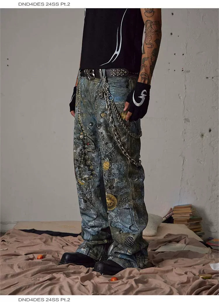 Relaxed Distressed Chain Digital Print Jeans