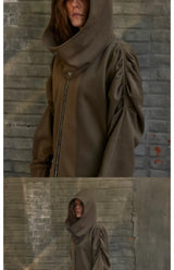 Unisex Hooded Ruched-Waist Cape Coat