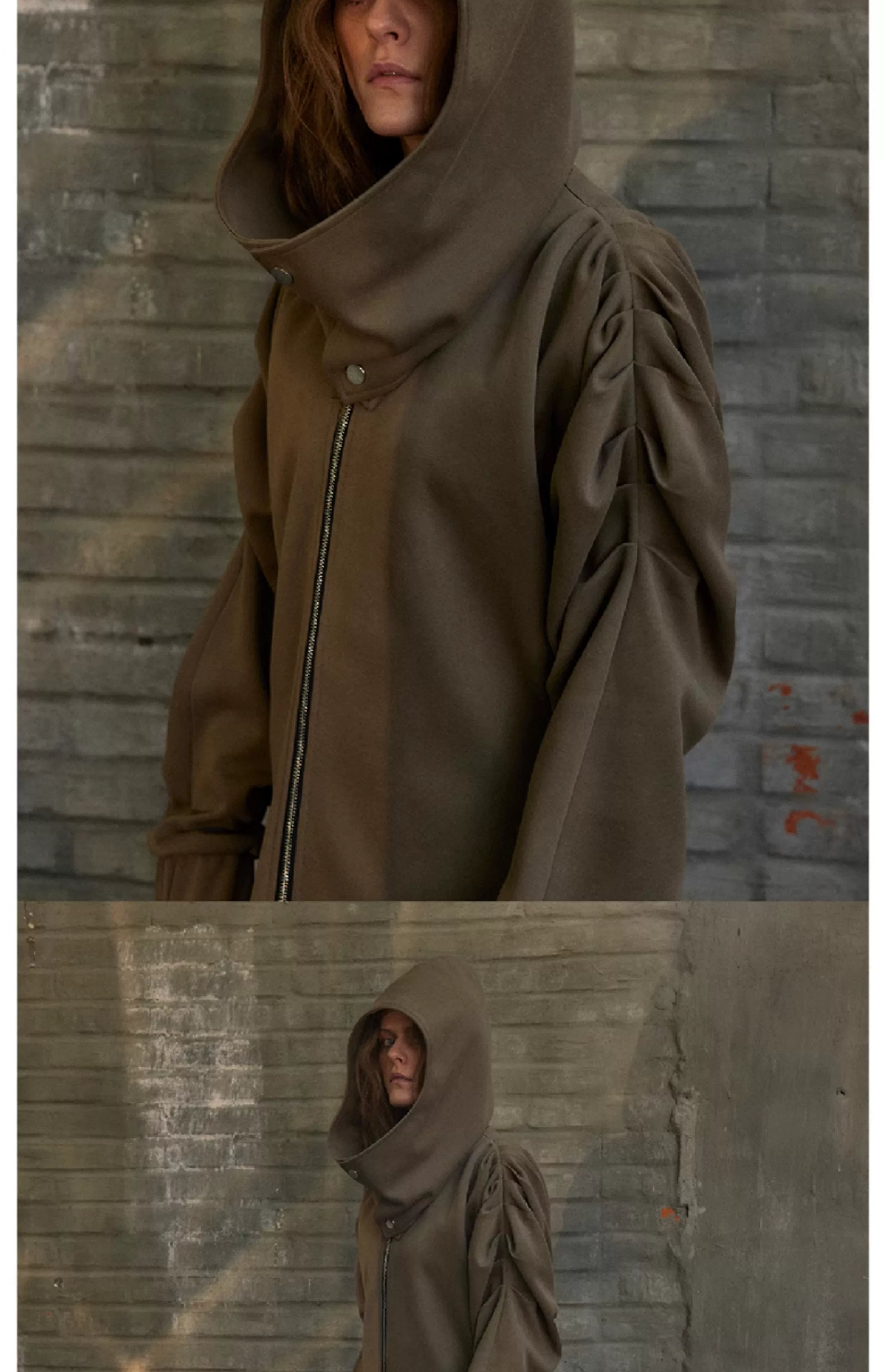 Unisex Hooded Ruched-Waist Cape Coat