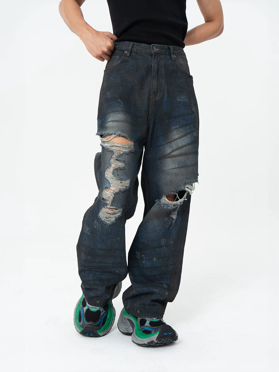 Black Ripped Distressed Wide Leg Jeans