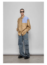 Color-block Striped Cotton Pocket Shirt