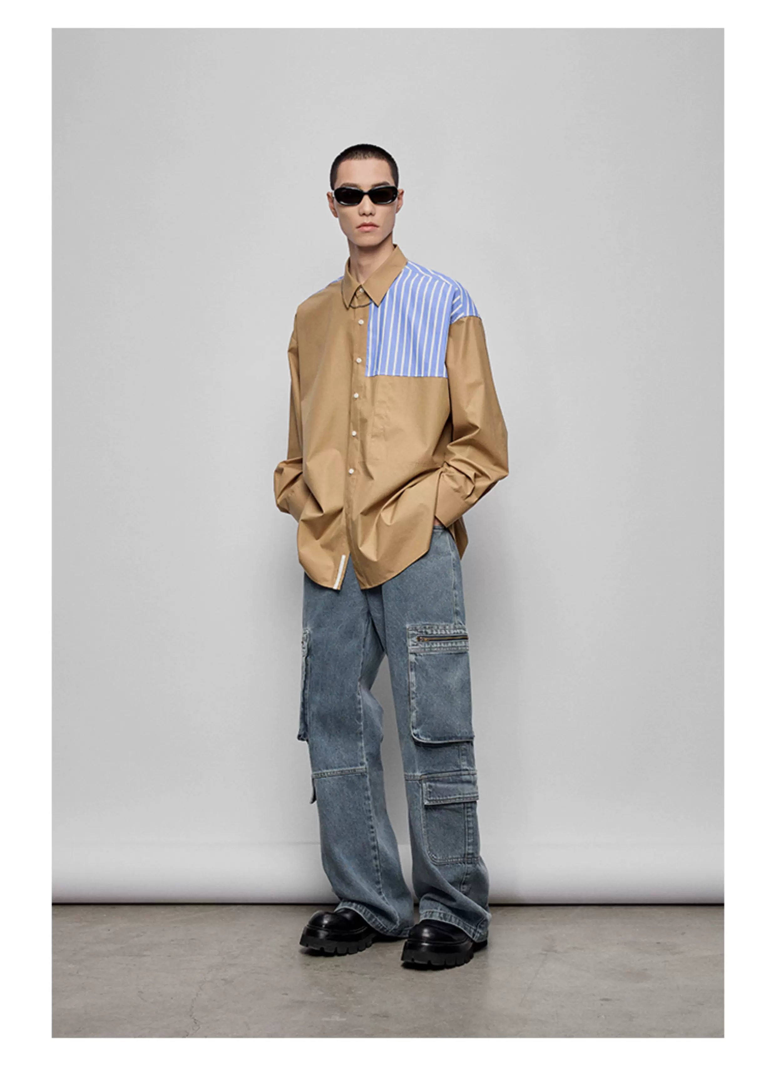 Color-block Striped Cotton Pocket Shirt
