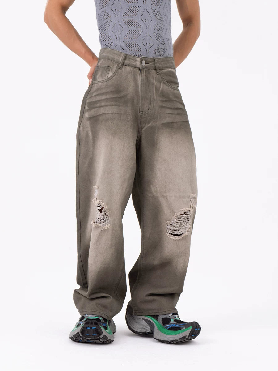Men's Gray Vintage Distressed Wide-Leg Jeans