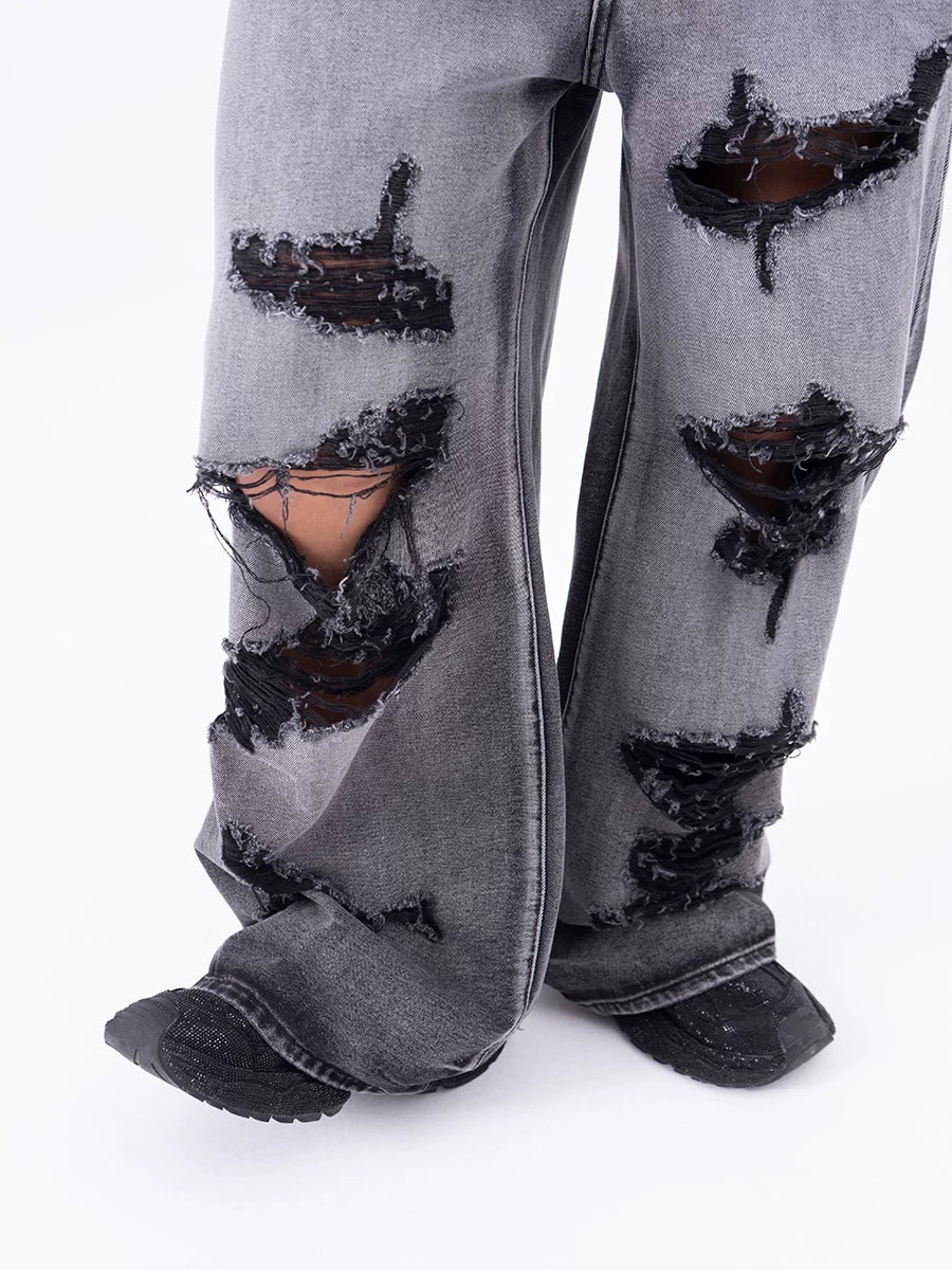 Men's Ripped Baggy Straight Charcoal Jeans
