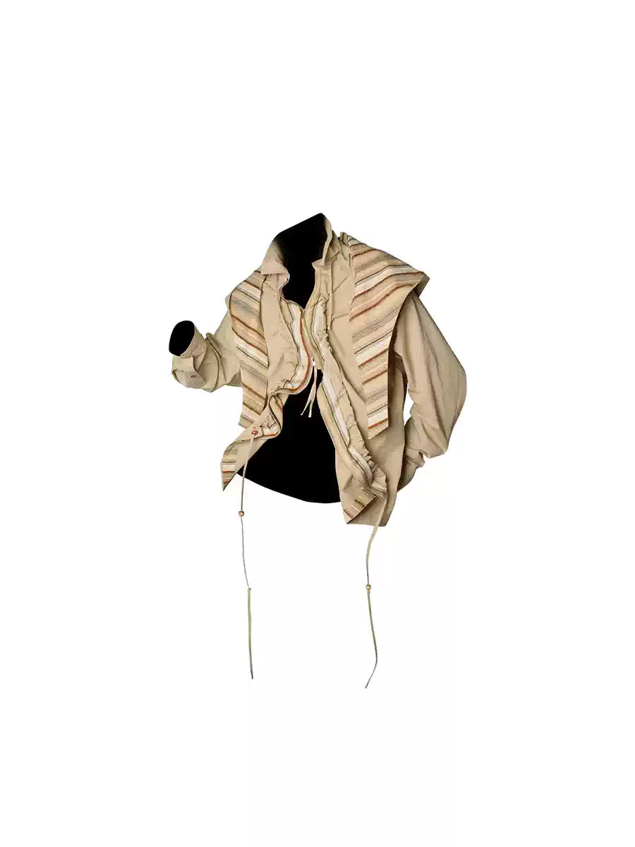 Water-Washed Beaded Pleated Detachable Hooded Shirt