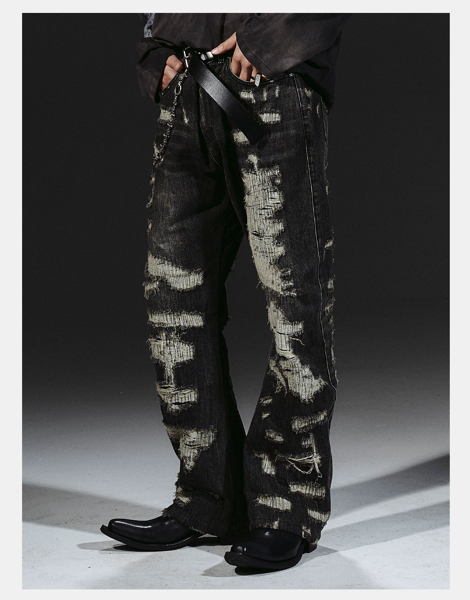 Heavyweight Distressed Embroidered Patchwork Flared Jeans