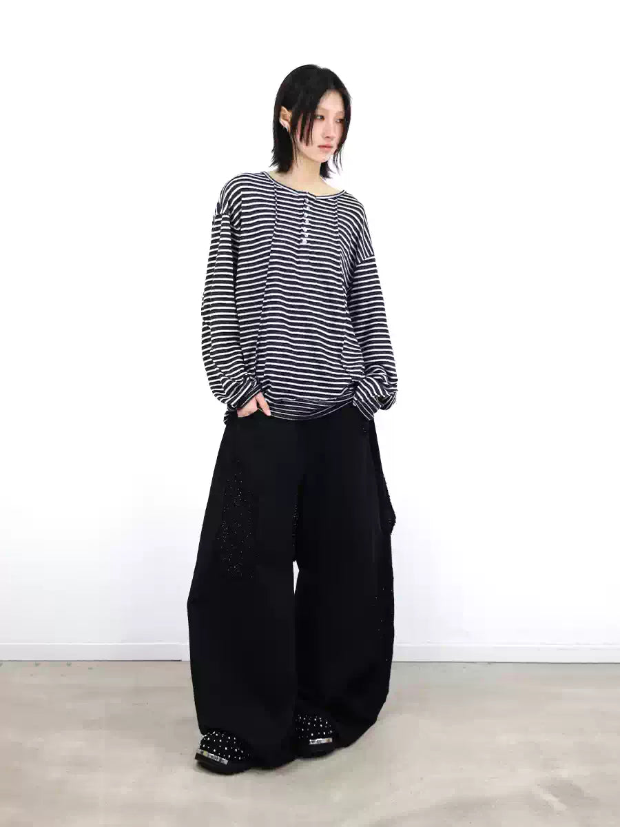 Striped Cutout Neck Long Sleeve Tee