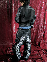 Black Wide-Leg Sanskrit Embroidered Leather Pants