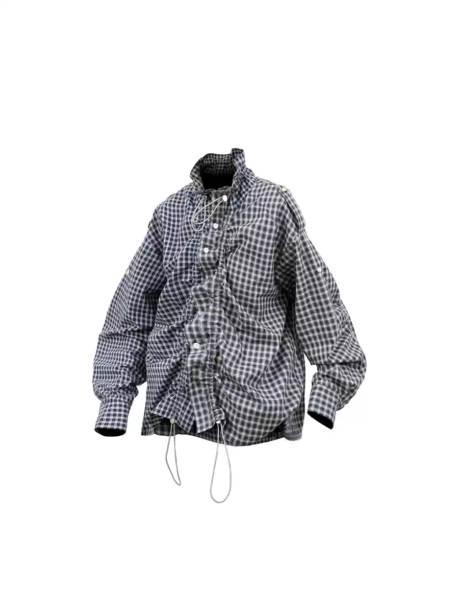 Asymmetric Plaid Puff Sleeve Shirt