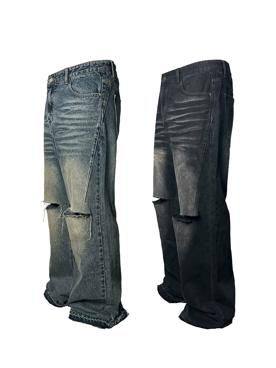 Two-Tone Distressed Wide Leg Flared Jeans