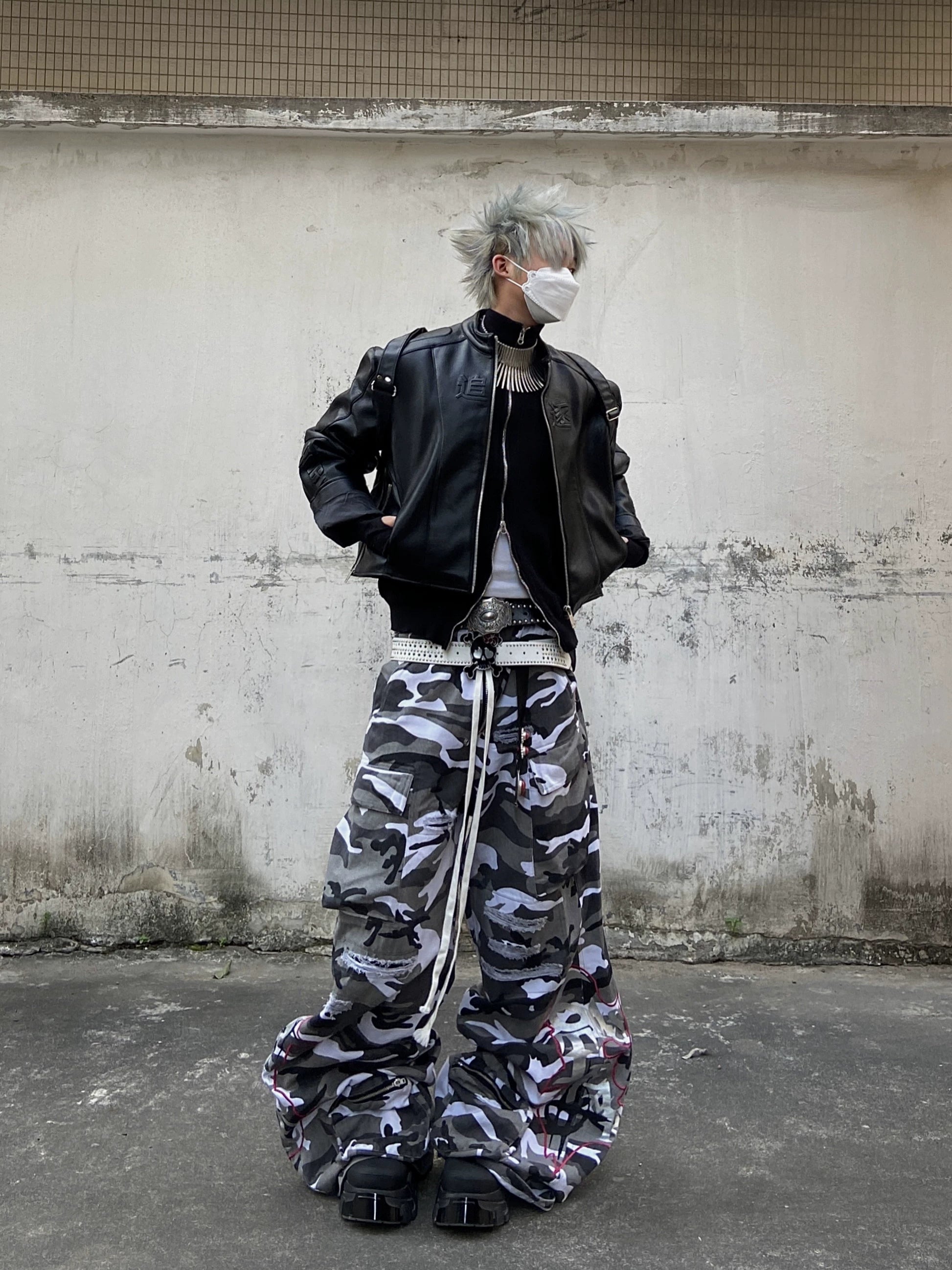 Washed Distressed Camo Cargo Pants