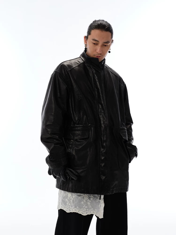 Men's Waist-cinched Mid-length Goatskin Jacket