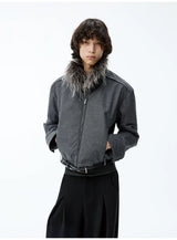 Fitted Two-tone Grid Fur Collar Jacket