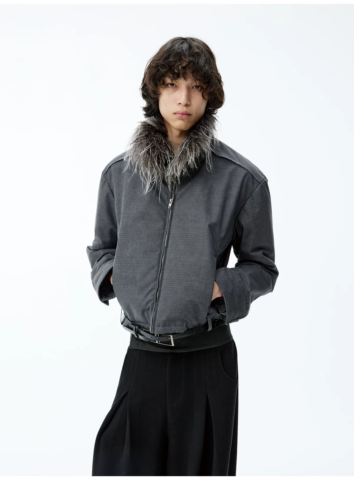 Fitted Two-tone Grid Fur Collar Jacket