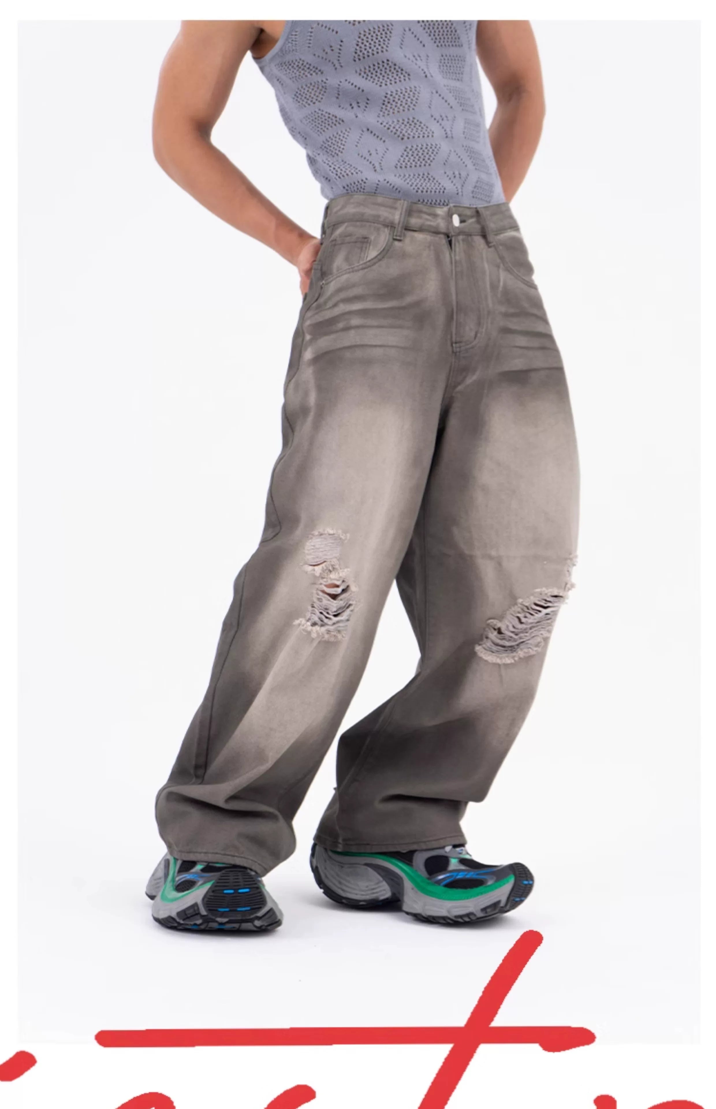 Men's Gray Vintage Distressed Wide-Leg Jeans