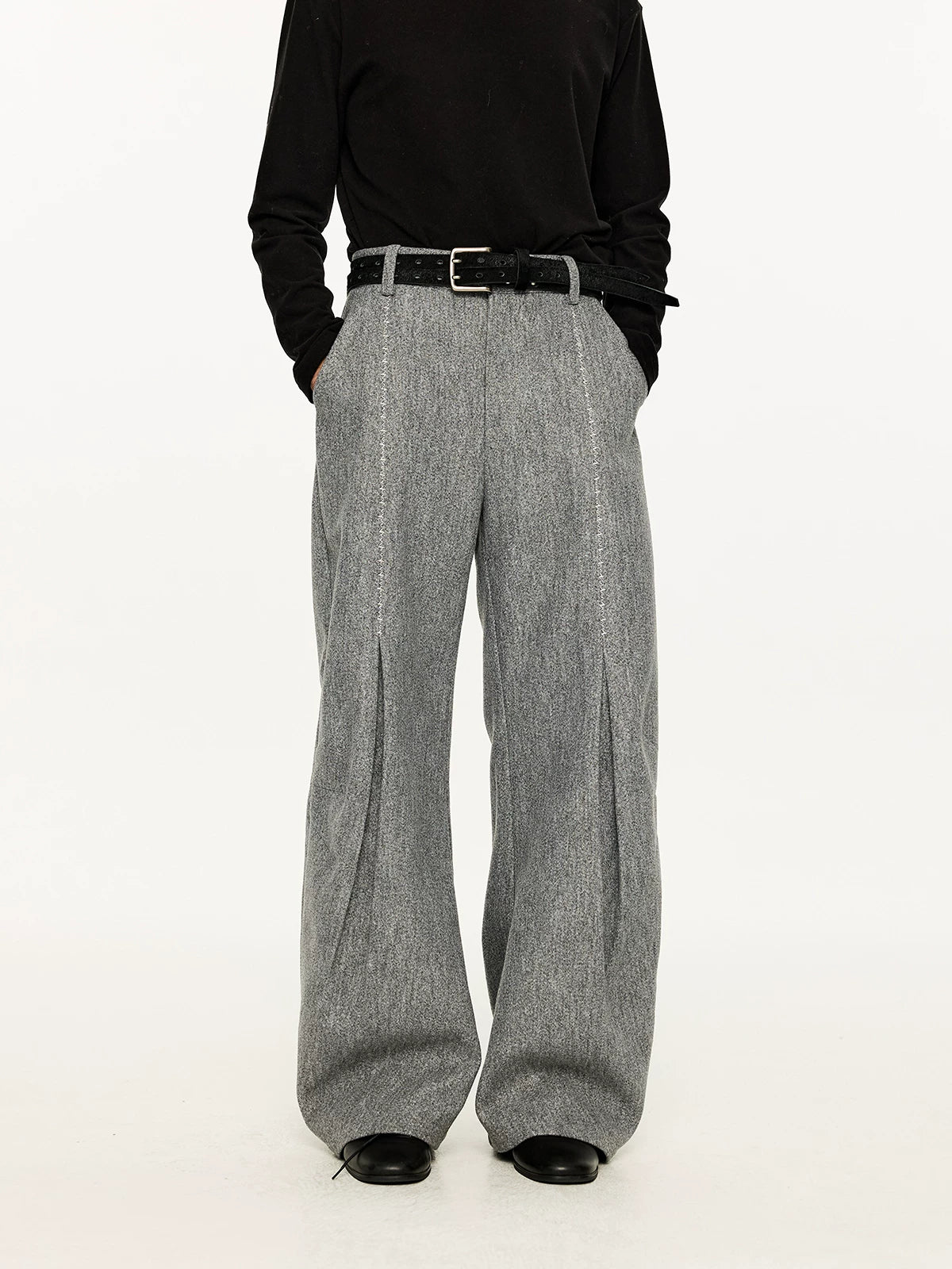 Men's Embroidered Curved Pleated Woolen Pants