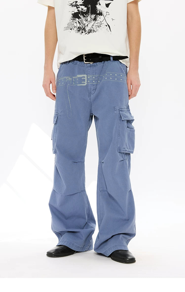 Washed Printed French Blue Cargo Pants