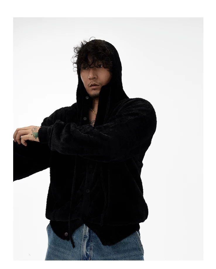 Black Hooded Faux Mink Knit Cardigan