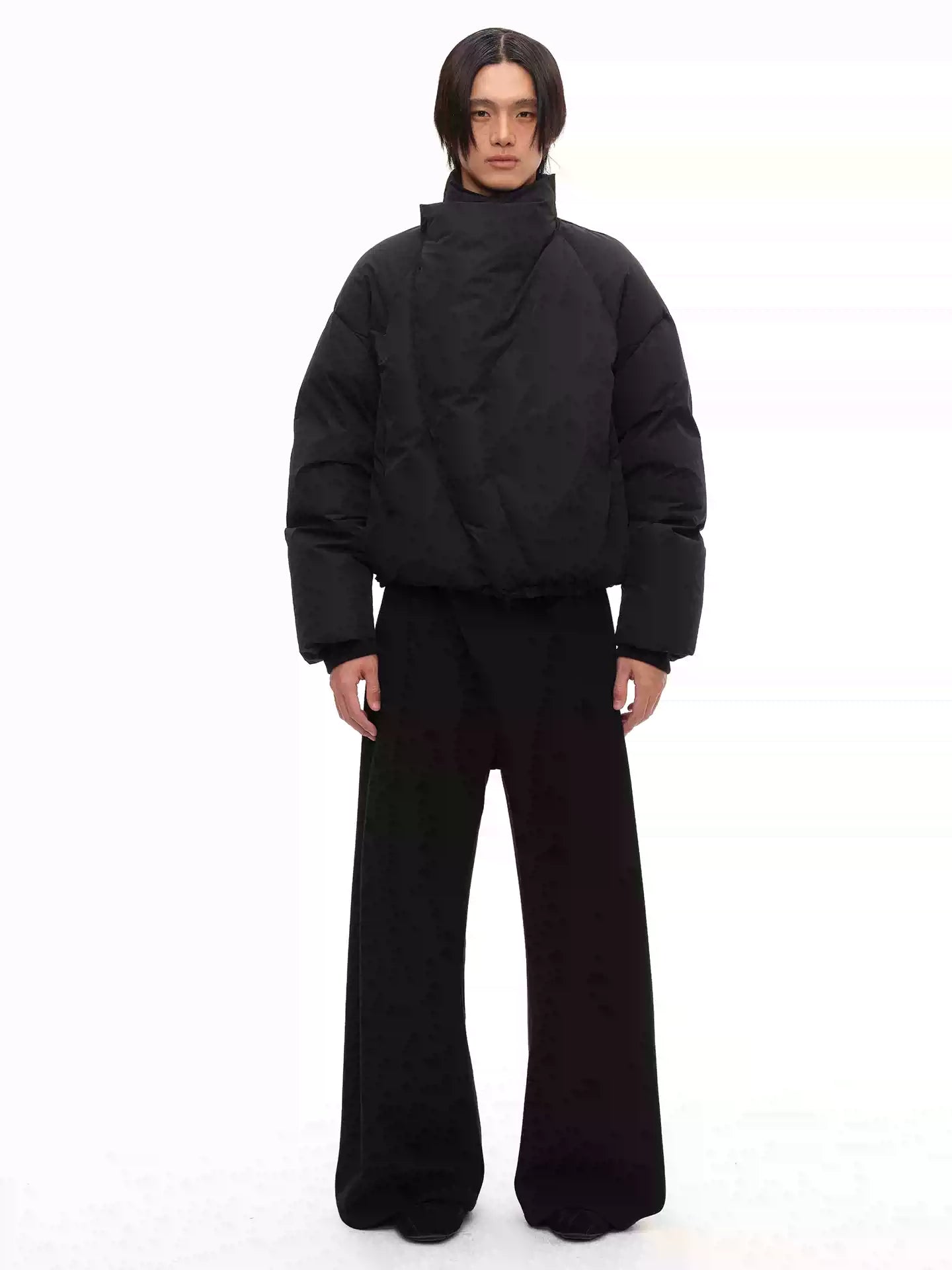 Slightly Curved Asymmetric Pleated Wool Pants