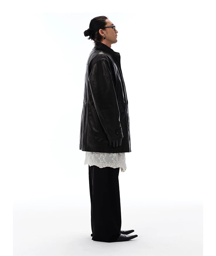 Men's Waist-cinched Mid-length Goatskin Jacket