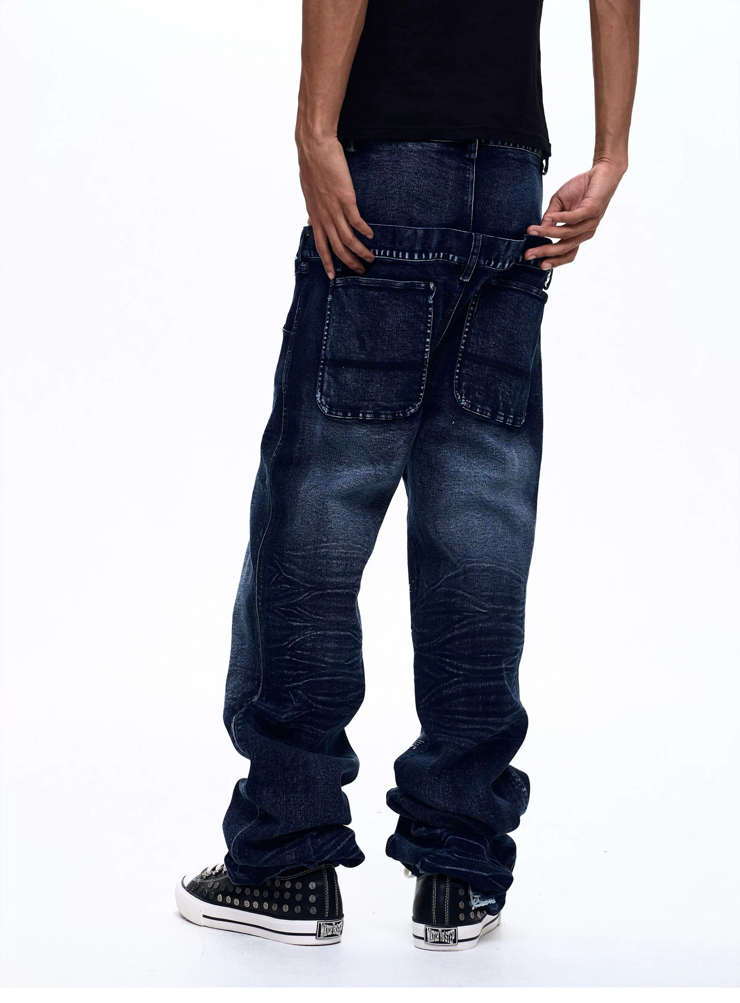 Men's Washed Blue Double Waistband Jeans