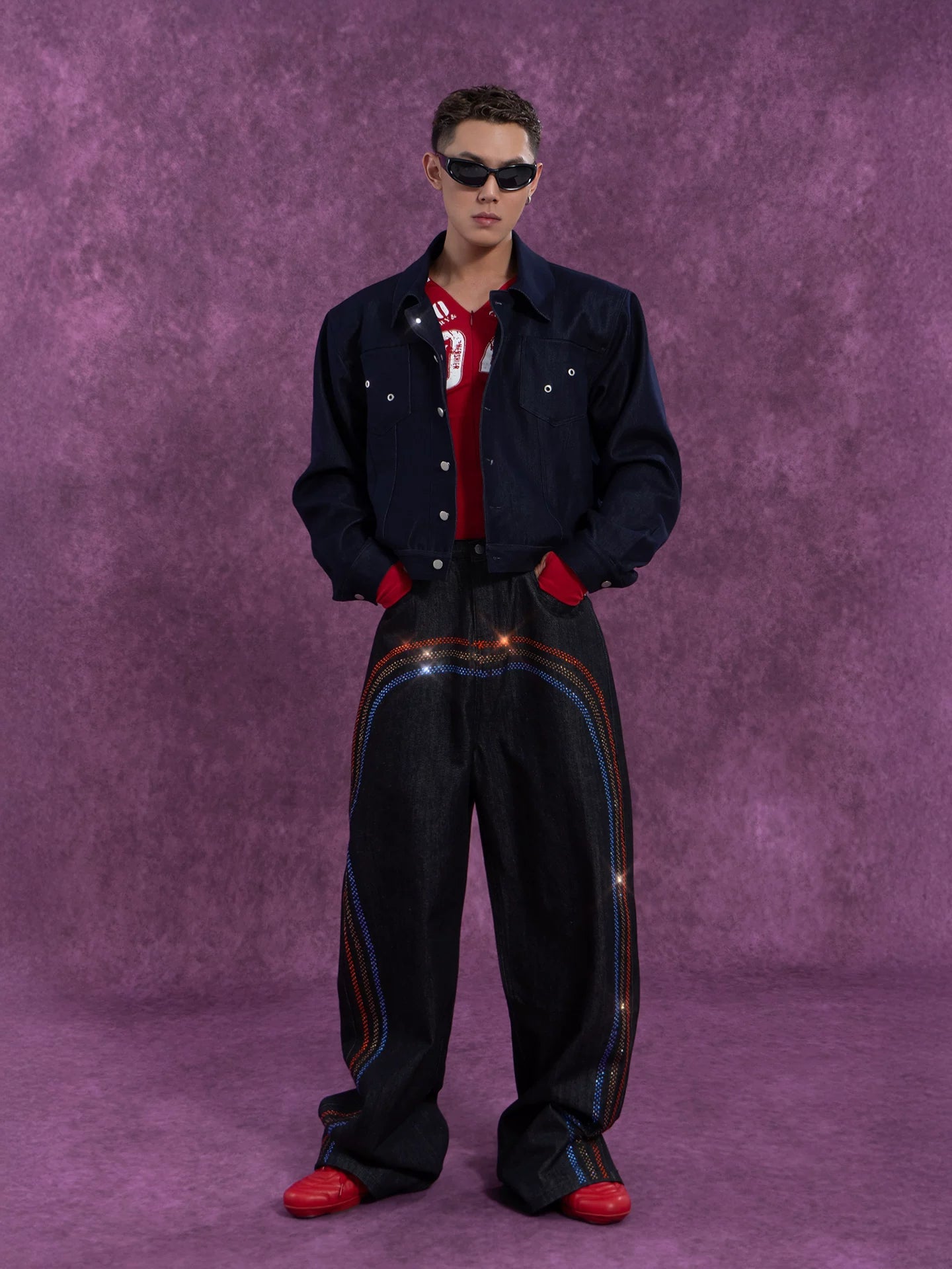 Men's Navy Padded Cropped Denim Jacket