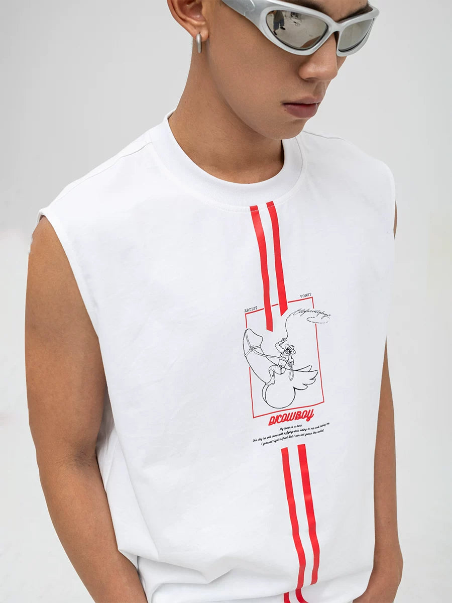 Men's White Loose Hand-Printed Tank Tops