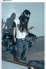 Black Contrast Sleeve Lip Print Tee