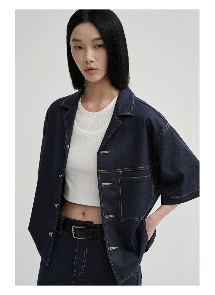 Cropped Contrast Cuban Collar Shirt Jacket