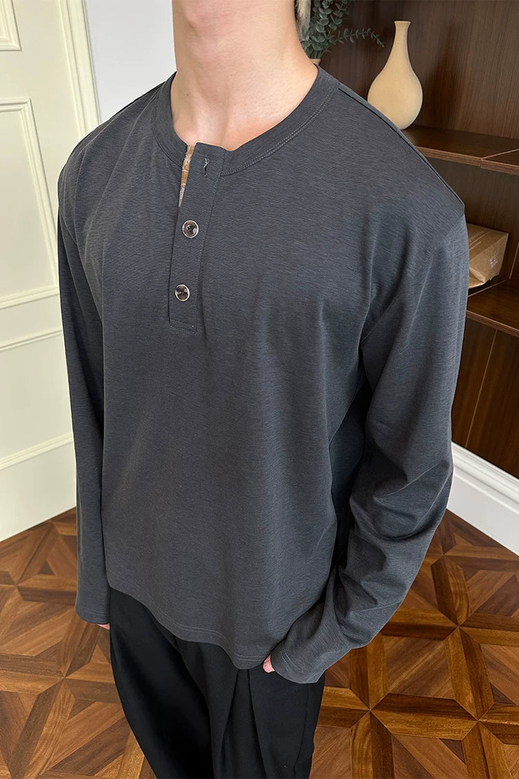 Long Sleeve Color Block Linen Henley