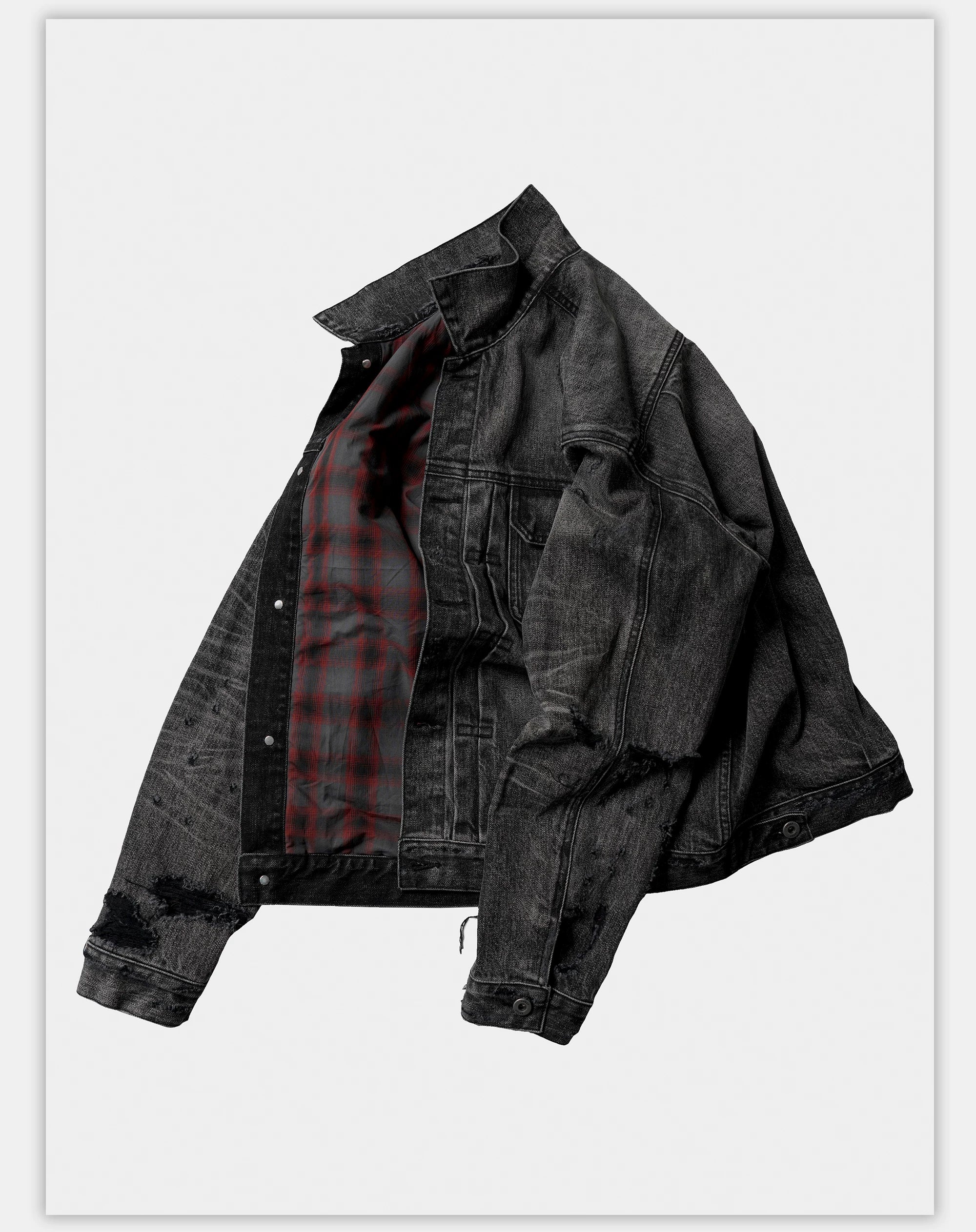 Washed Grey Plaid Lined Denim Jacket