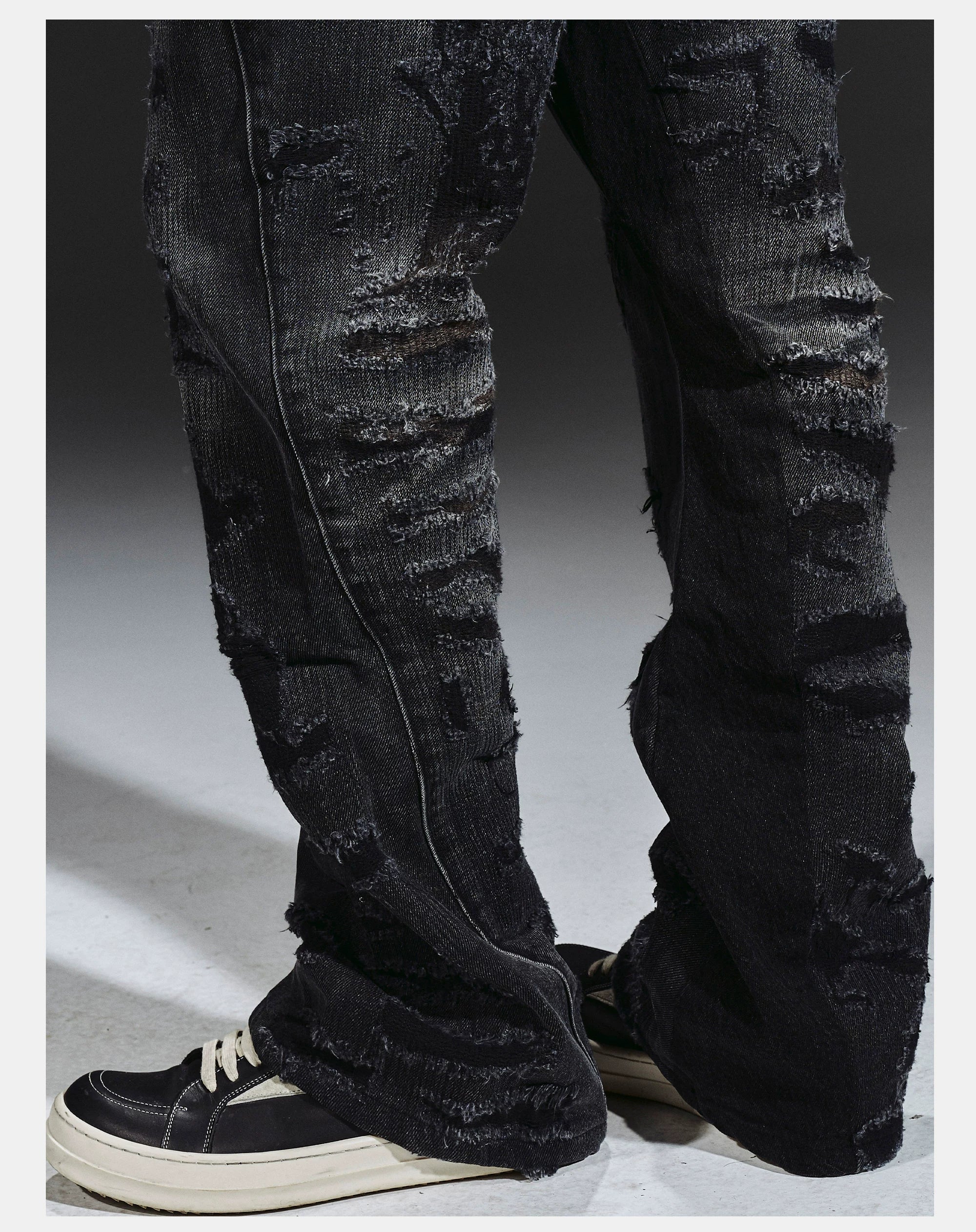 Flared Washed Distressed Patchwork Jeans