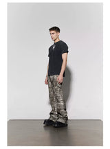 Rugged Distressed Camo Flare Cargo Pants