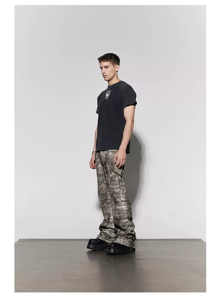 Rugged Distressed Camo Flare Cargo Pants