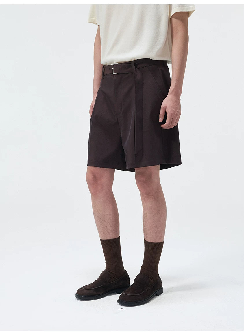 Triacetate Blend Belted Pleated Suit Shorts