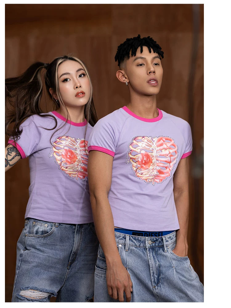 Slim Purple Heart Skeleton Rhinestone Tee