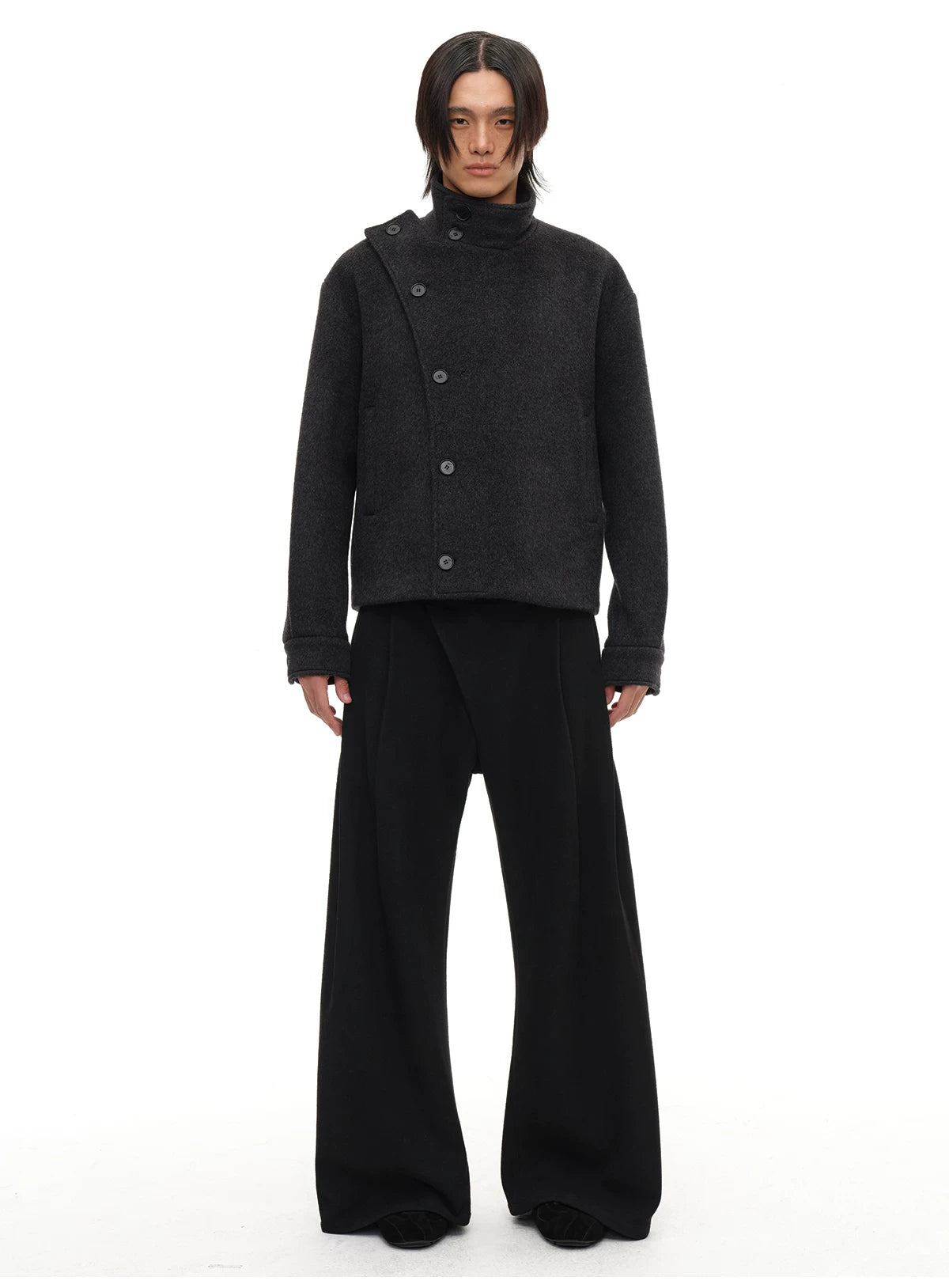 Collared Buttoned Adjustable Waist Wool Jacket