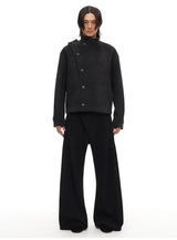 Collared Buttoned Adjustable Waist Wool Jacket